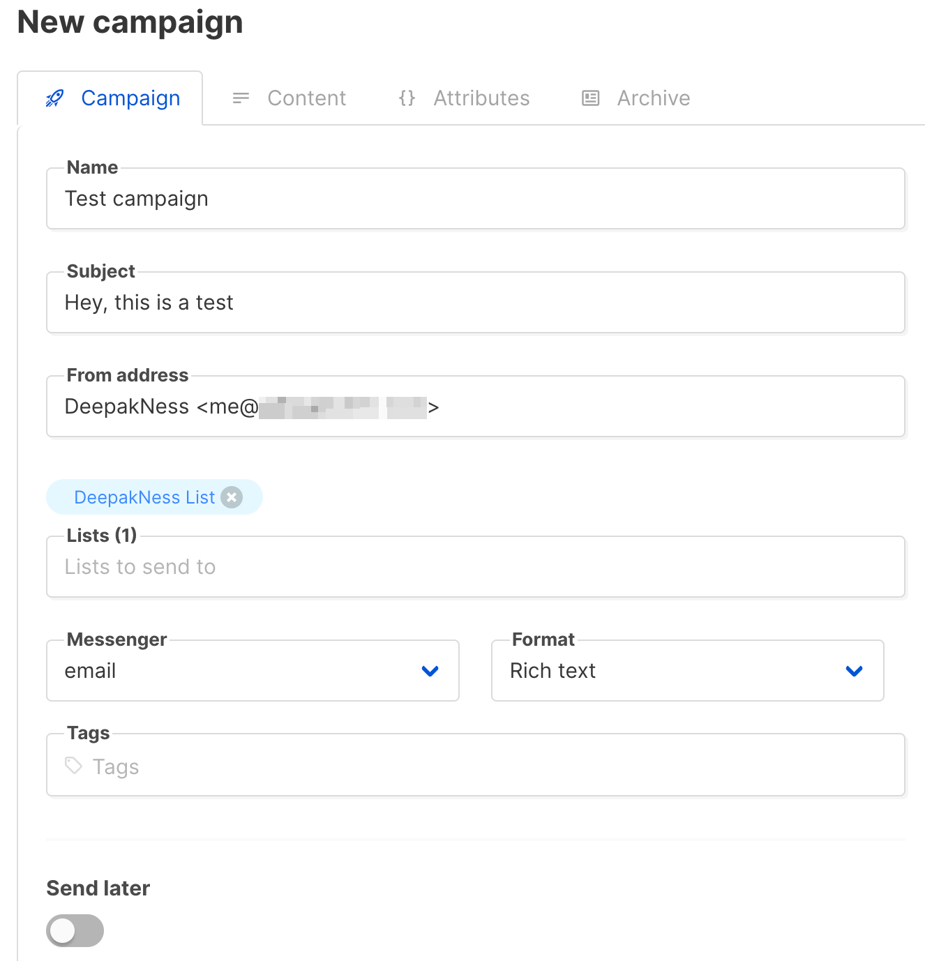 Creating a new campaign in Listmonk