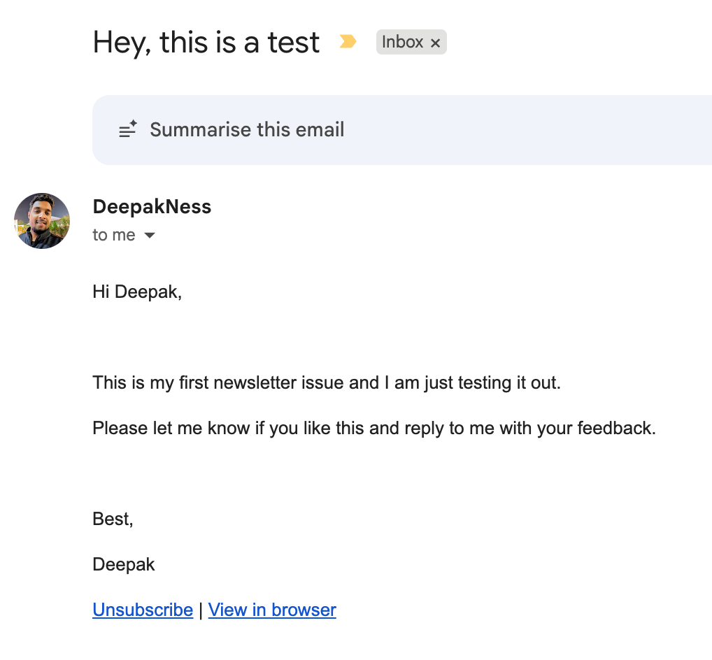 Newsletter email received from Listmonk