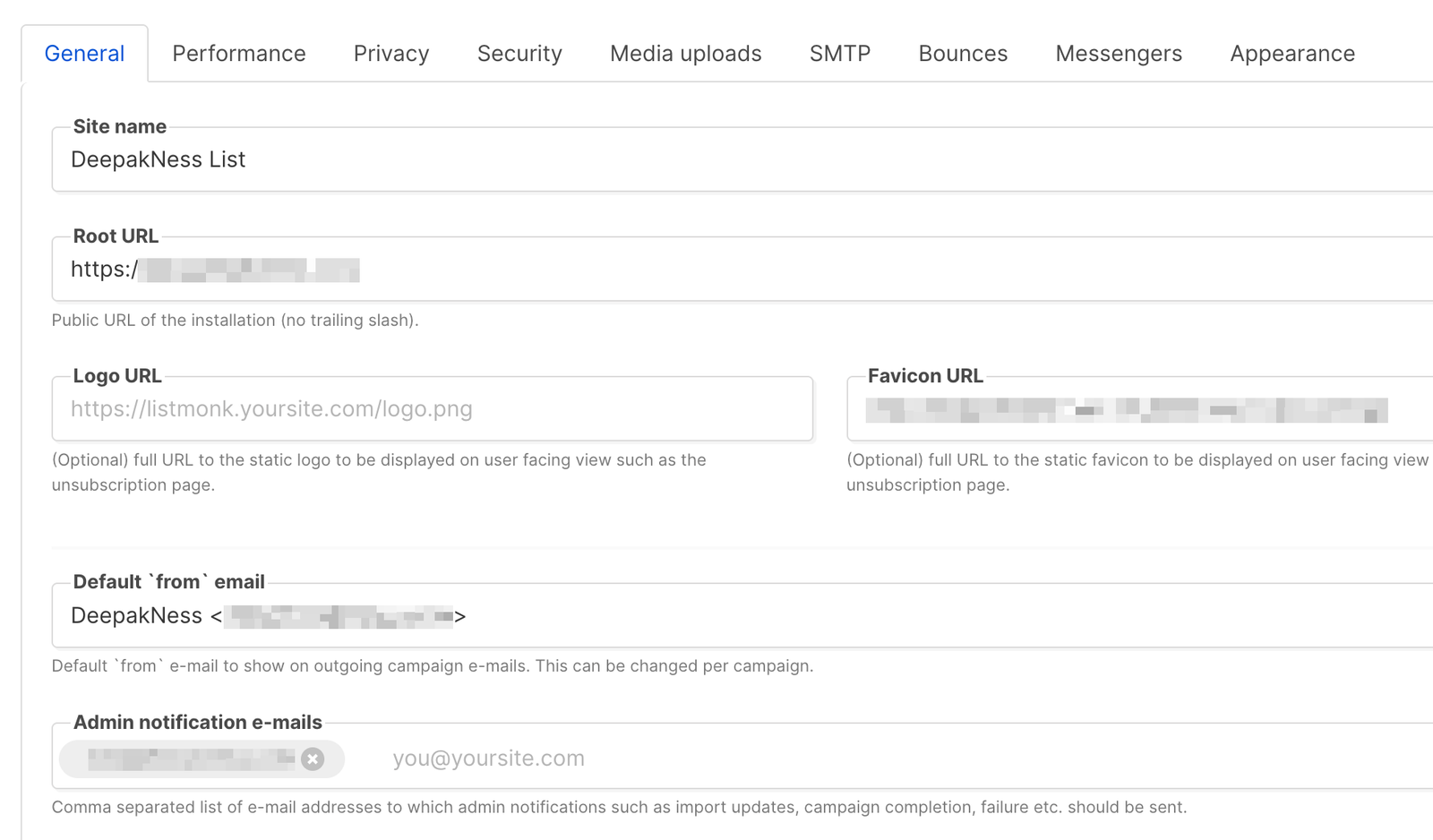 Listmonk general settings