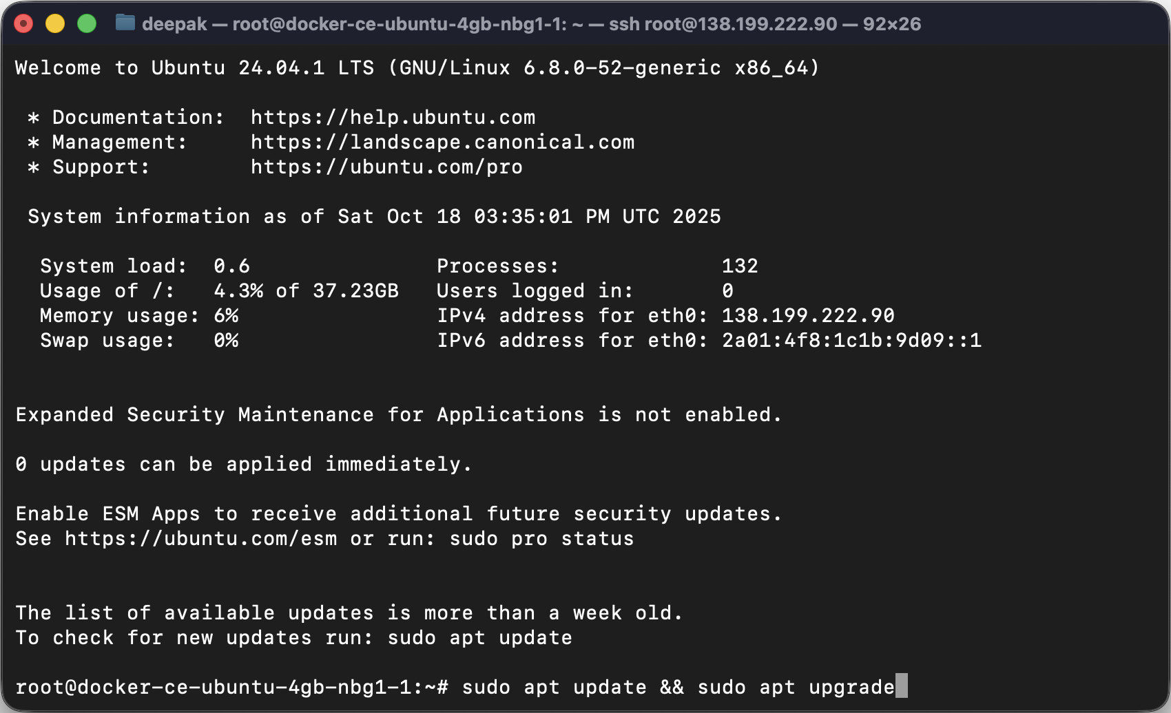 Update and upgrade the Hetzner server