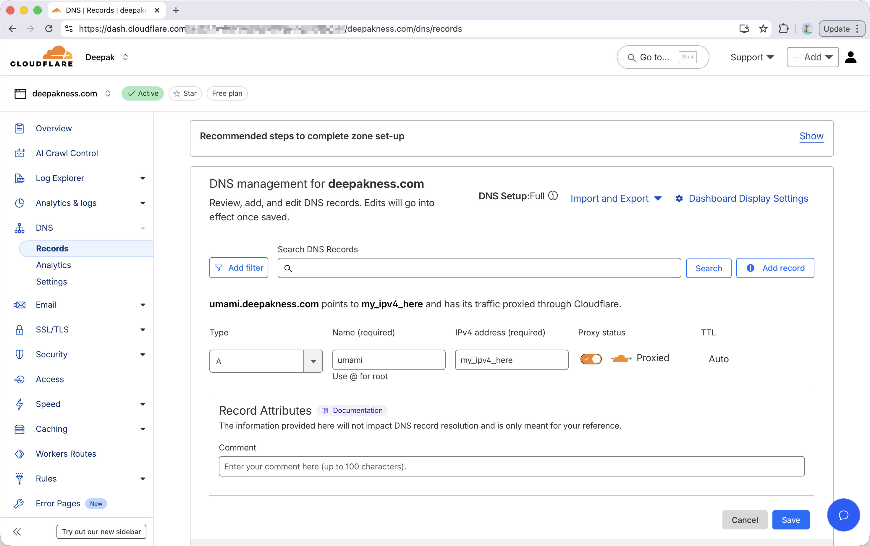 Adding a DNS record in Cloudflare.