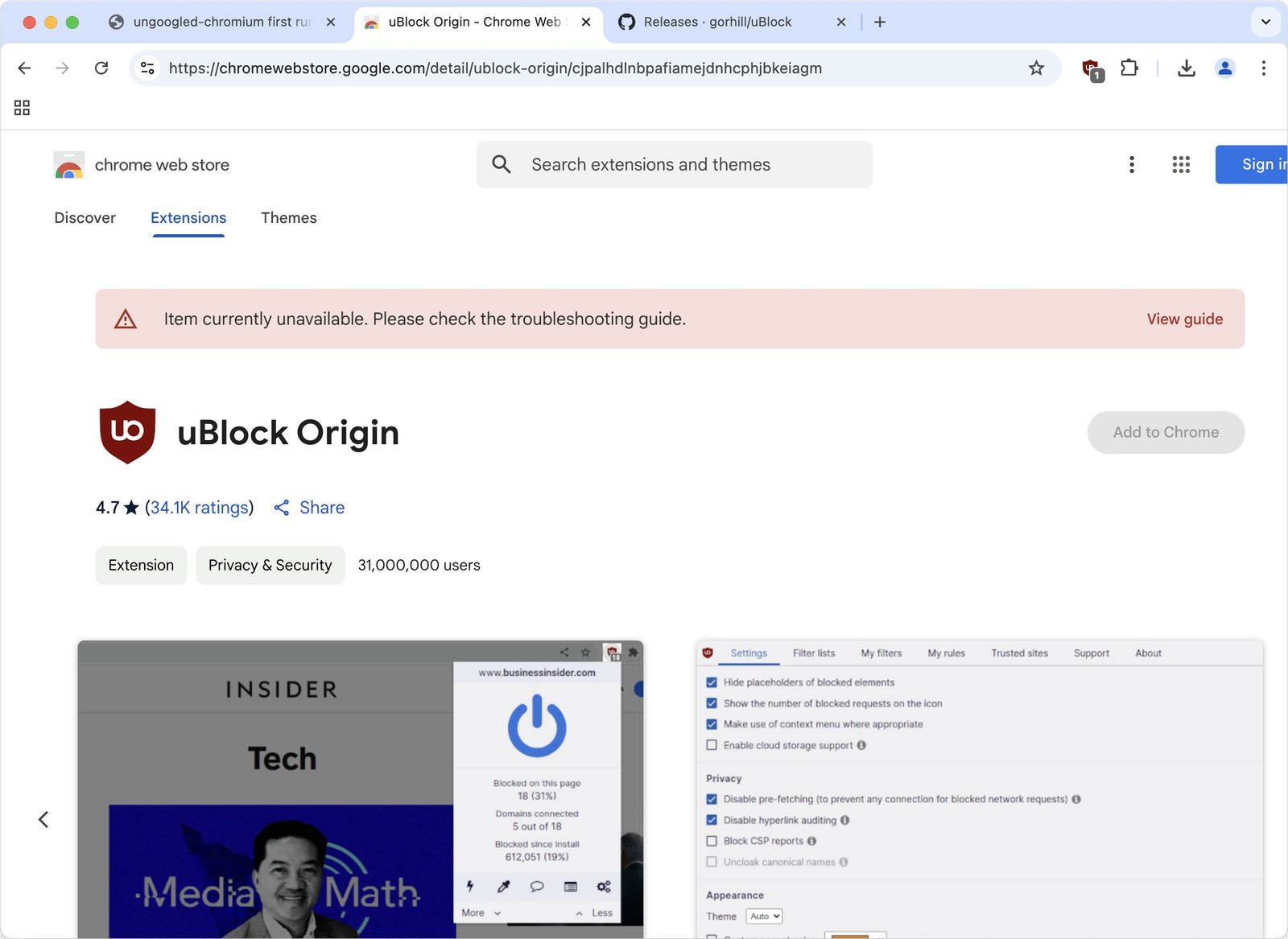 Can't install Chrome extensions