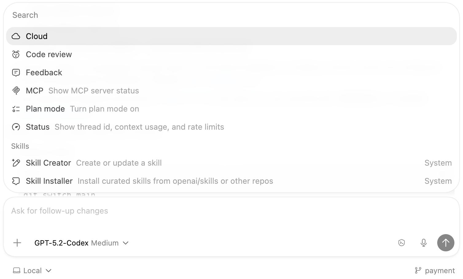 Codex app slash commands